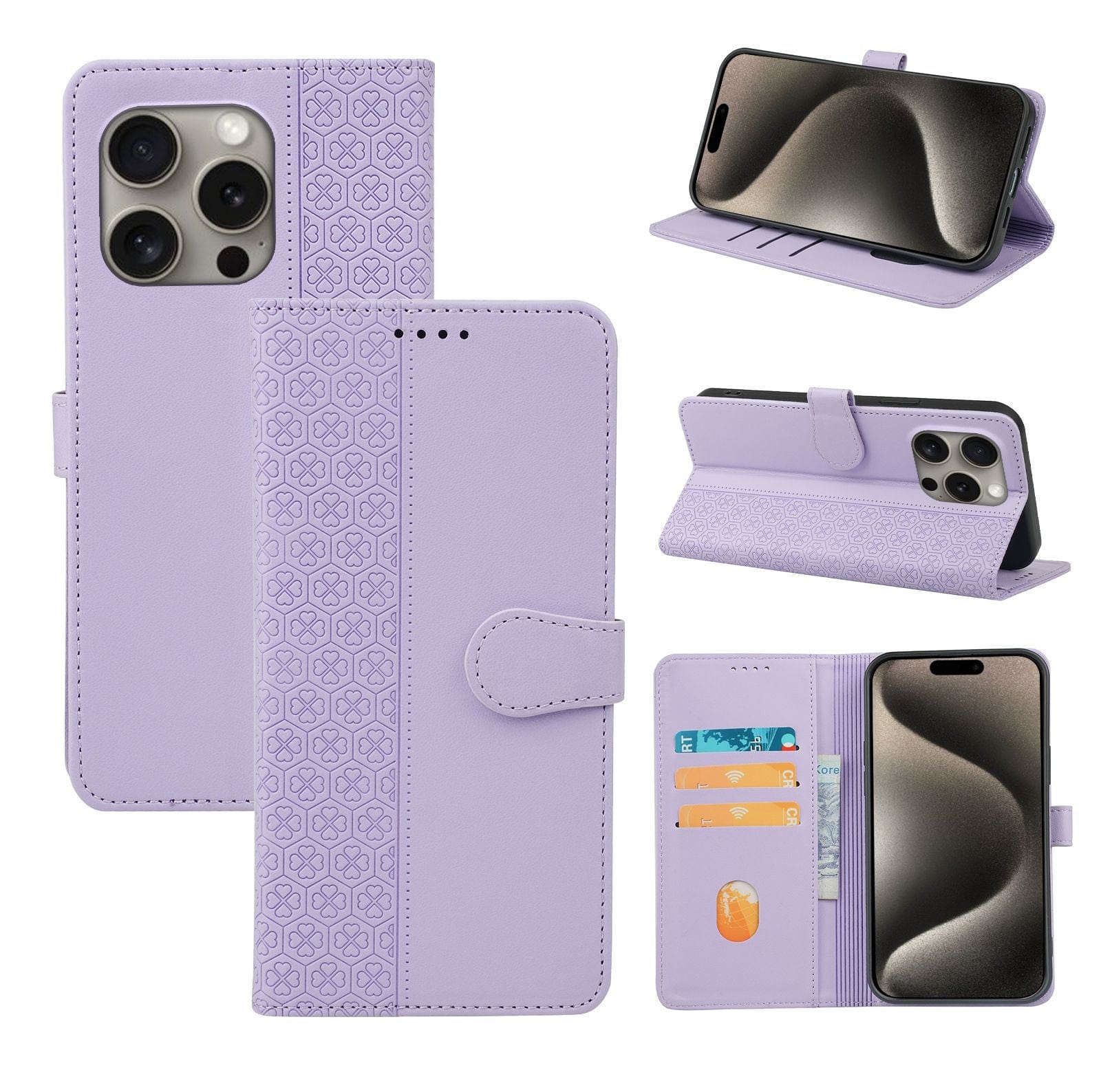 The iPhone 16 Pro Max Wallet Case in purple synthetic leather features floral patterns and offers multiple functionalities: closed with magnetic closure, open with card slots, used as a stand for viewing, and securely holding a phone with three rear cameras and a front screen.