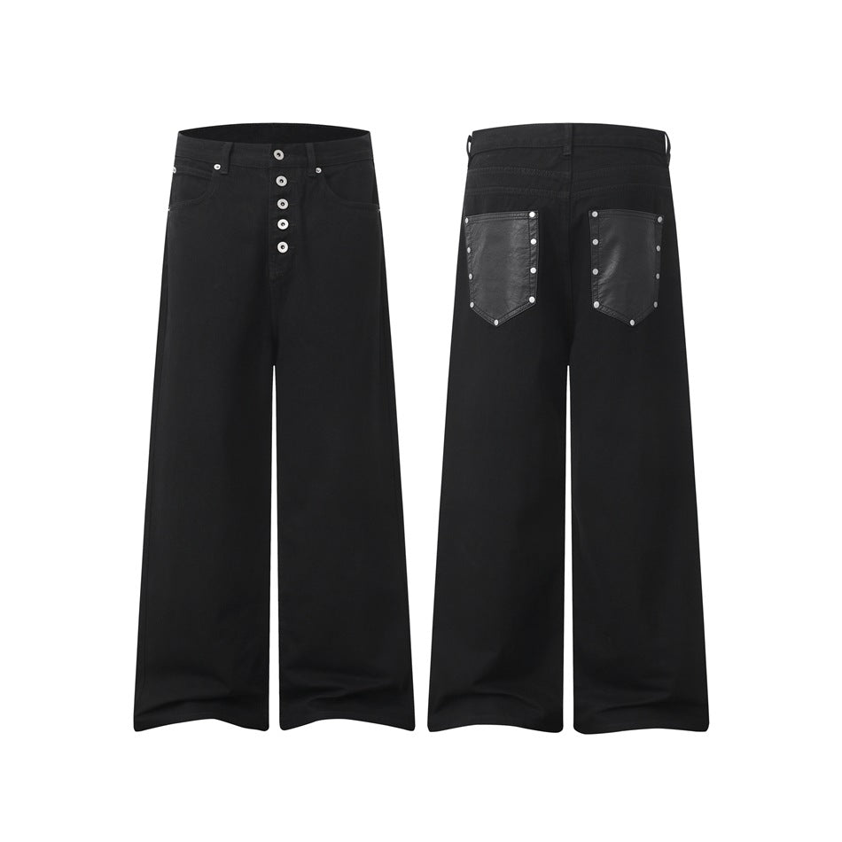 Black wide-leg pants shown from the front and back, with a button fly and contrast back pockets.