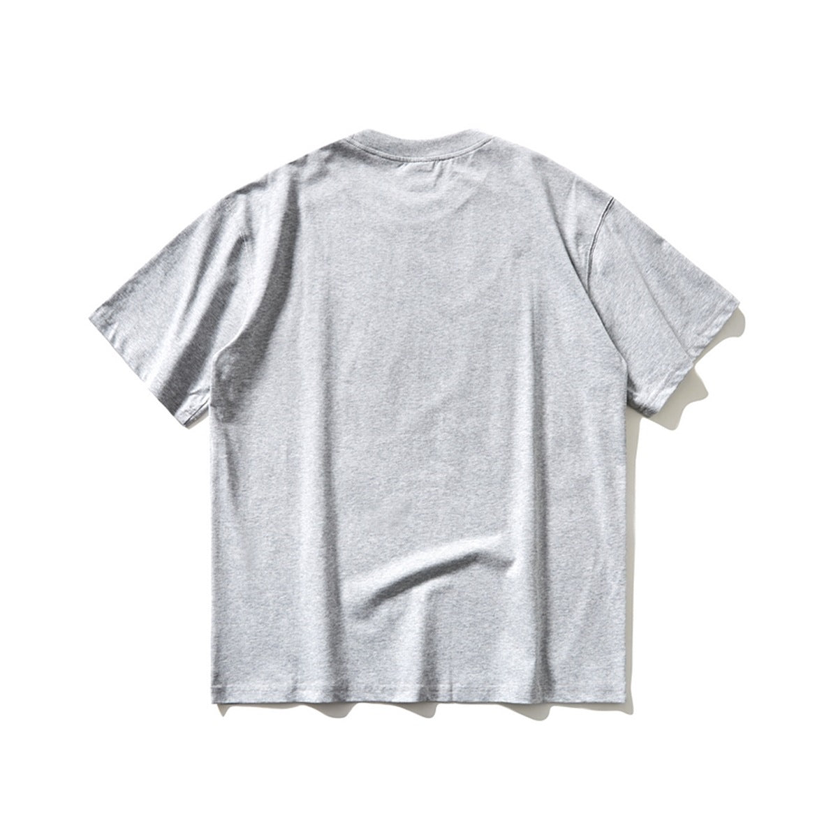 Back view of a plain light gray short-sleeve crew-neck T-shirt laid flat.