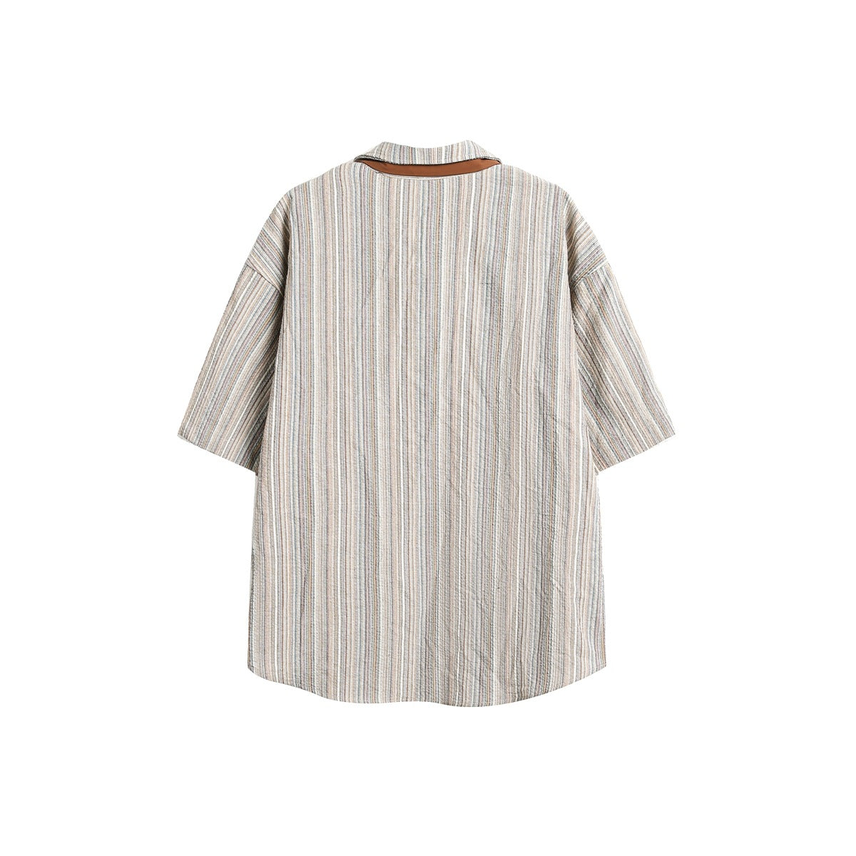 Back view of a light-colored short-sleeve shirt with narrow multicolor vertical stripes and brown collar trim.
