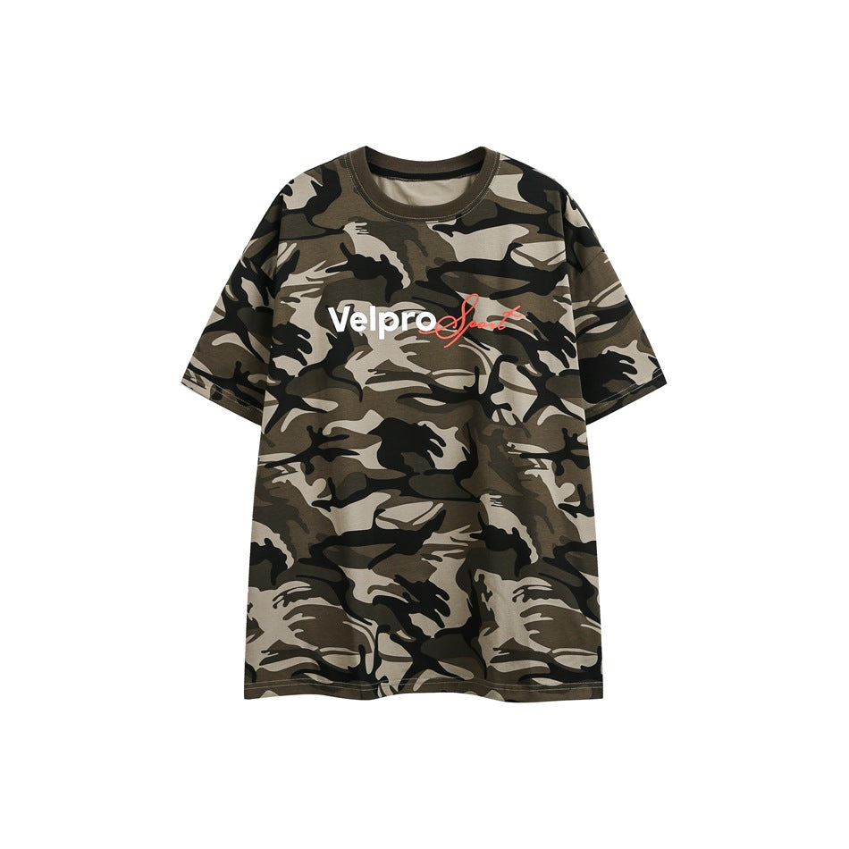 Light khaki camouflage short-sleeve crew-neck T-shirt with white and red chest print, flat front view