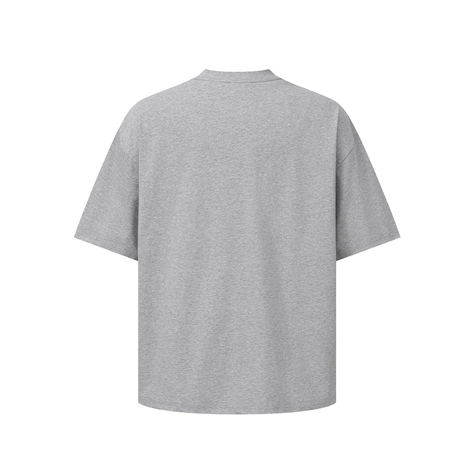Plain heather gray short-sleeve crew-neck T-shirt shown from the back.