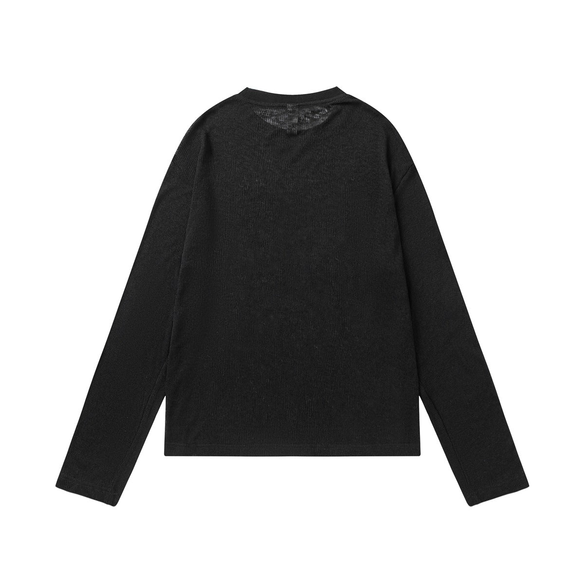 Back view of a black long-sleeve crewneck shirt with a plain body and subtle detail below the collar.