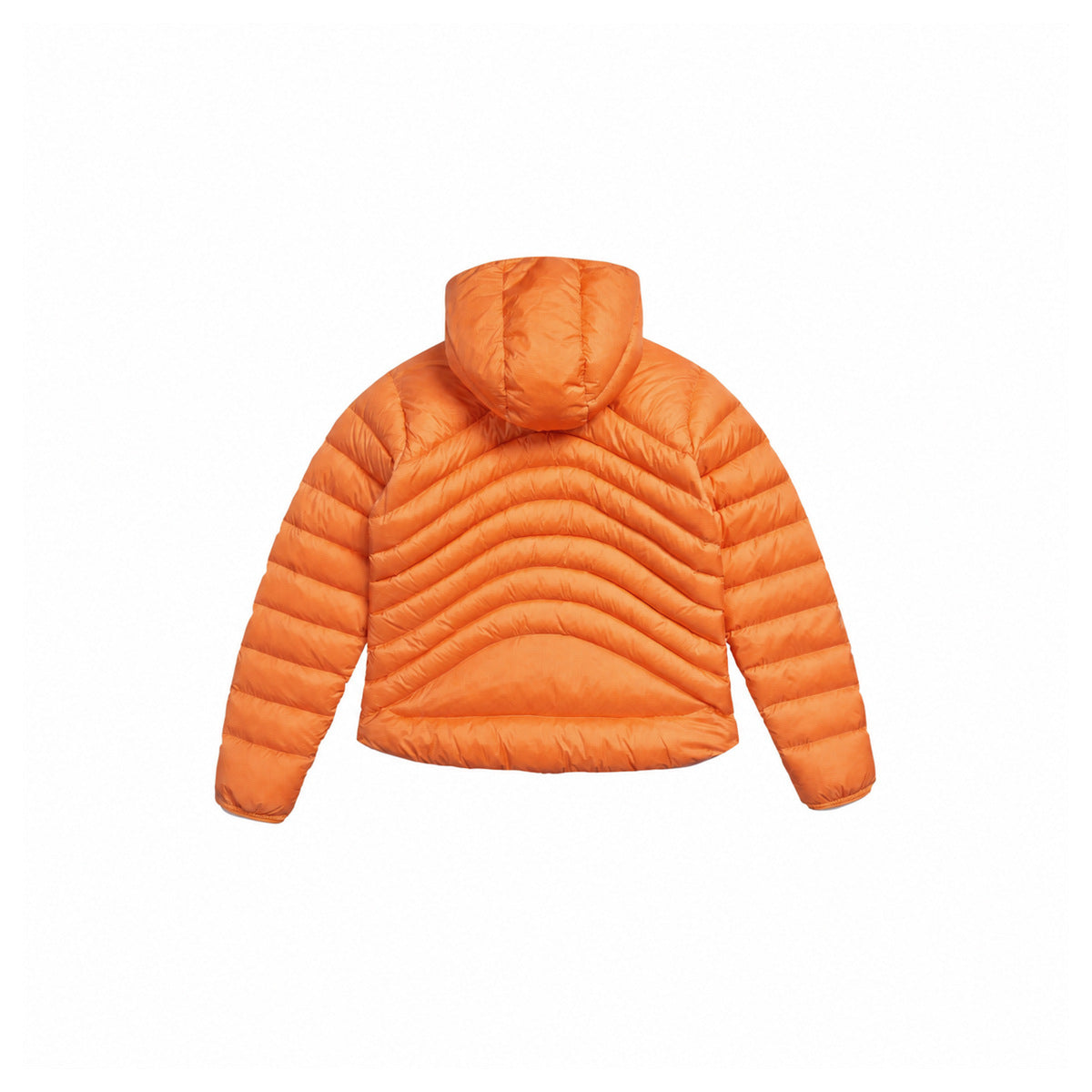 Back view of a bright orange hooded puffer jacket with curved quilted channels.