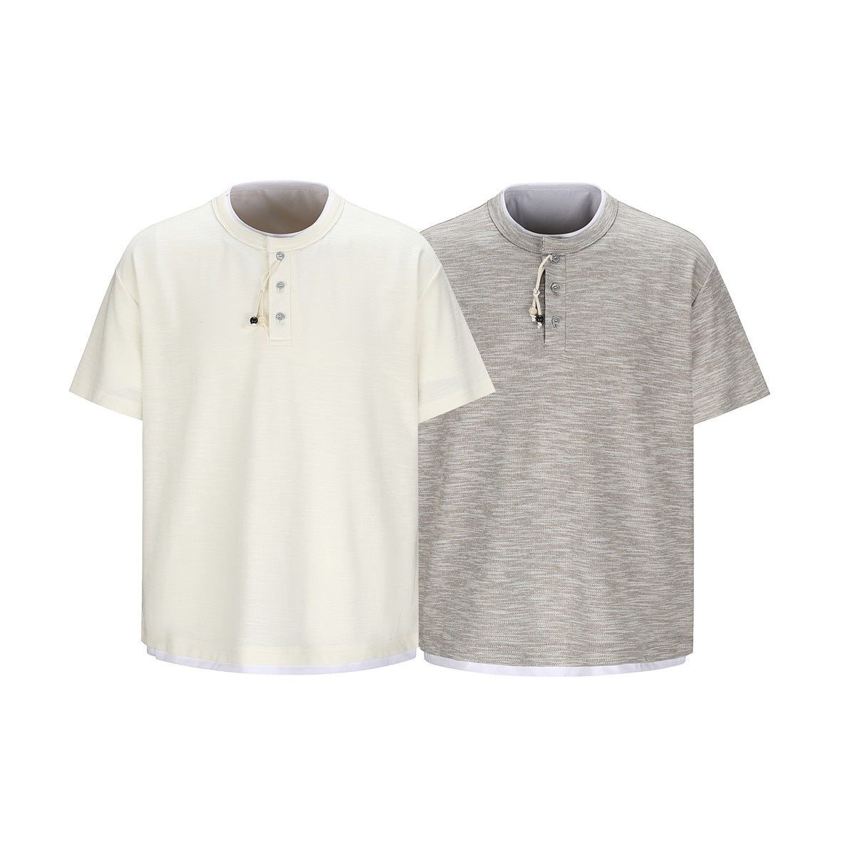 Front view of two short-sleeve henley shirts: one ivory and one heather gray, each with a button placket and cord detail.