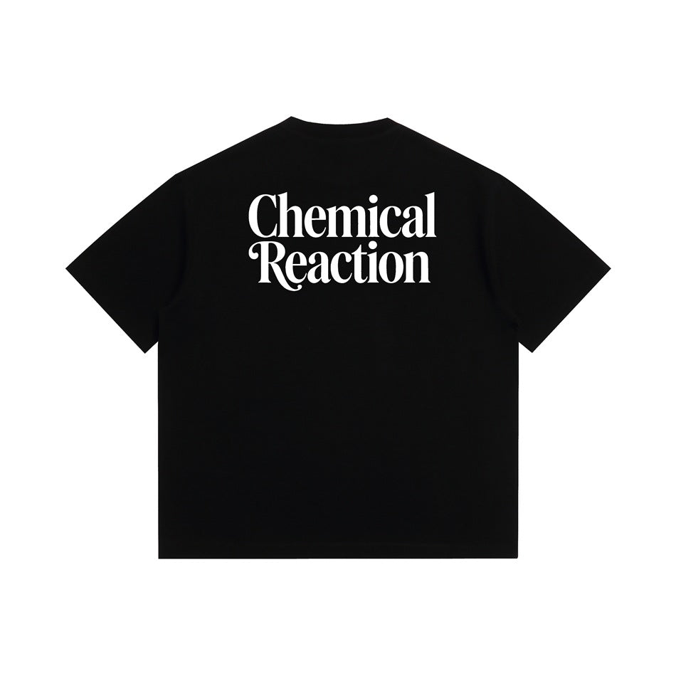 Black short-sleeve T-shirt back with large white 'Chemical Reaction' print