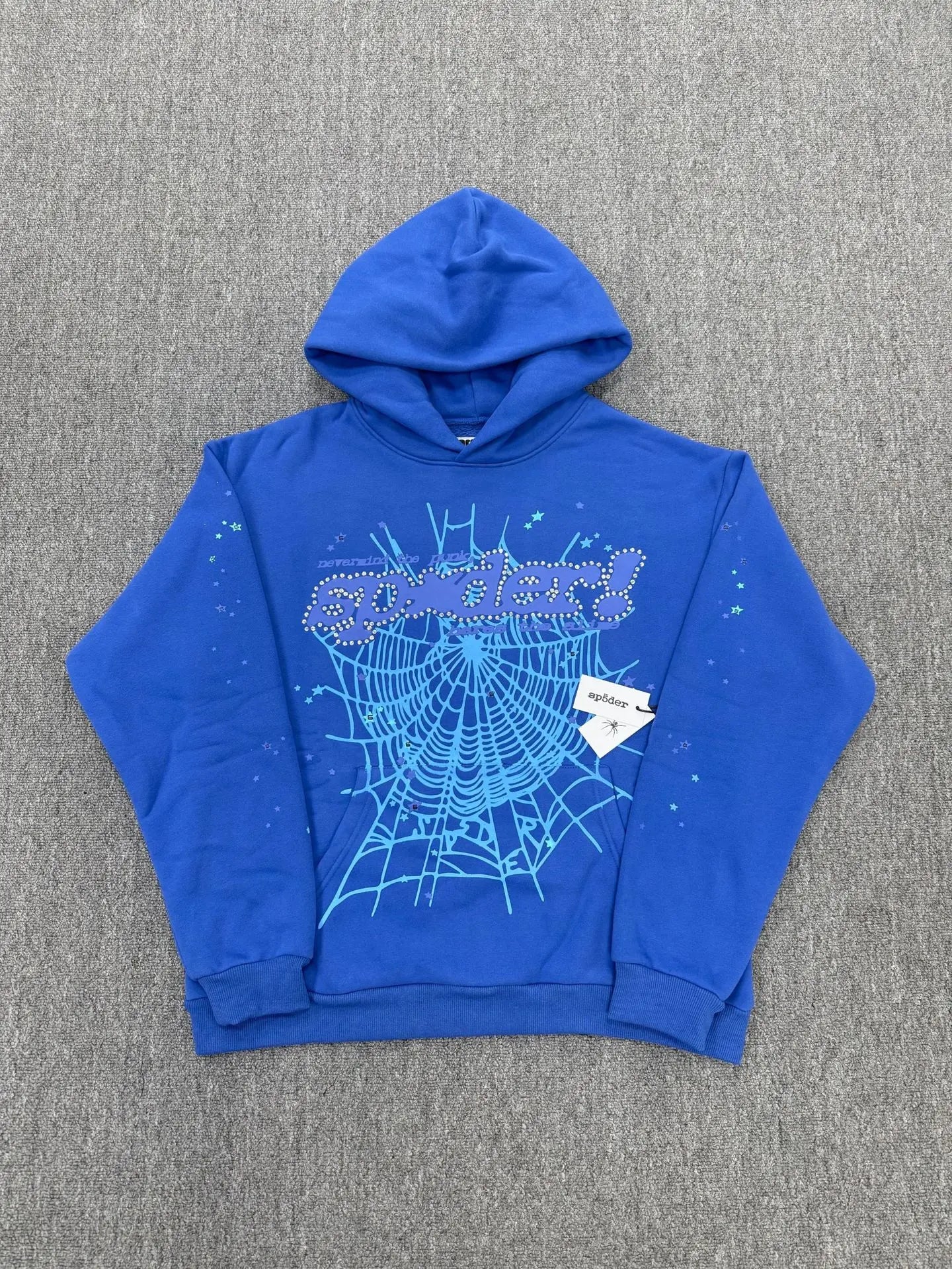 Blue Sp5der OG web pullover hoodie with rhinestone lettering and sky blue spider web graphic on the chest