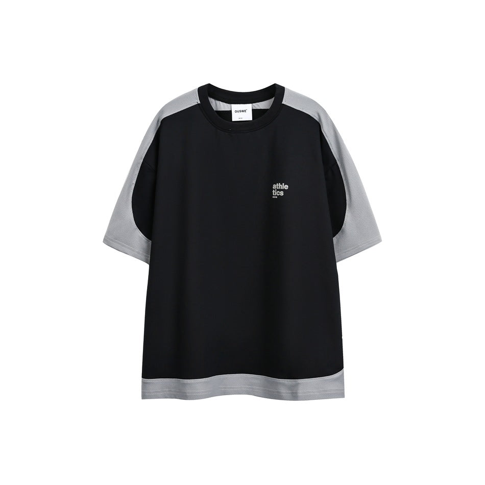 Black short-sleeve crew-neck T-shirt with light gray textured sleeves, gray hem band and small chest print