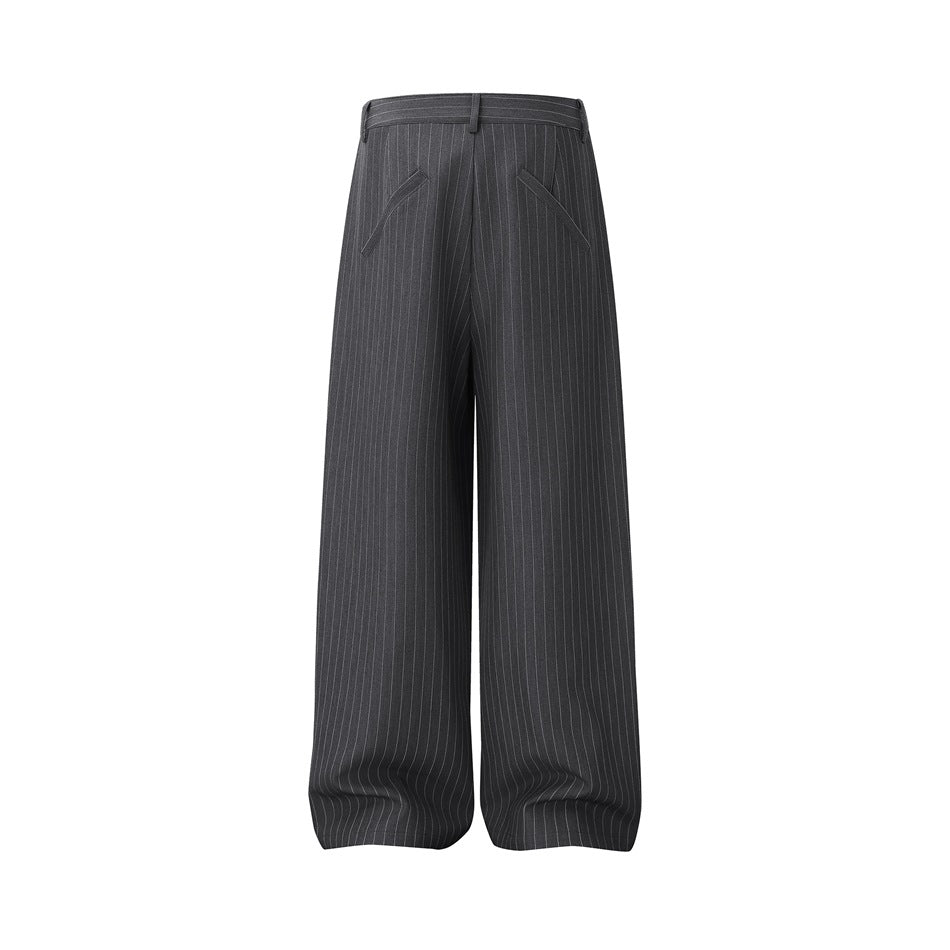 Back view of charcoal pinstripe wide-leg trousers with belt loops and angled rear pockets.