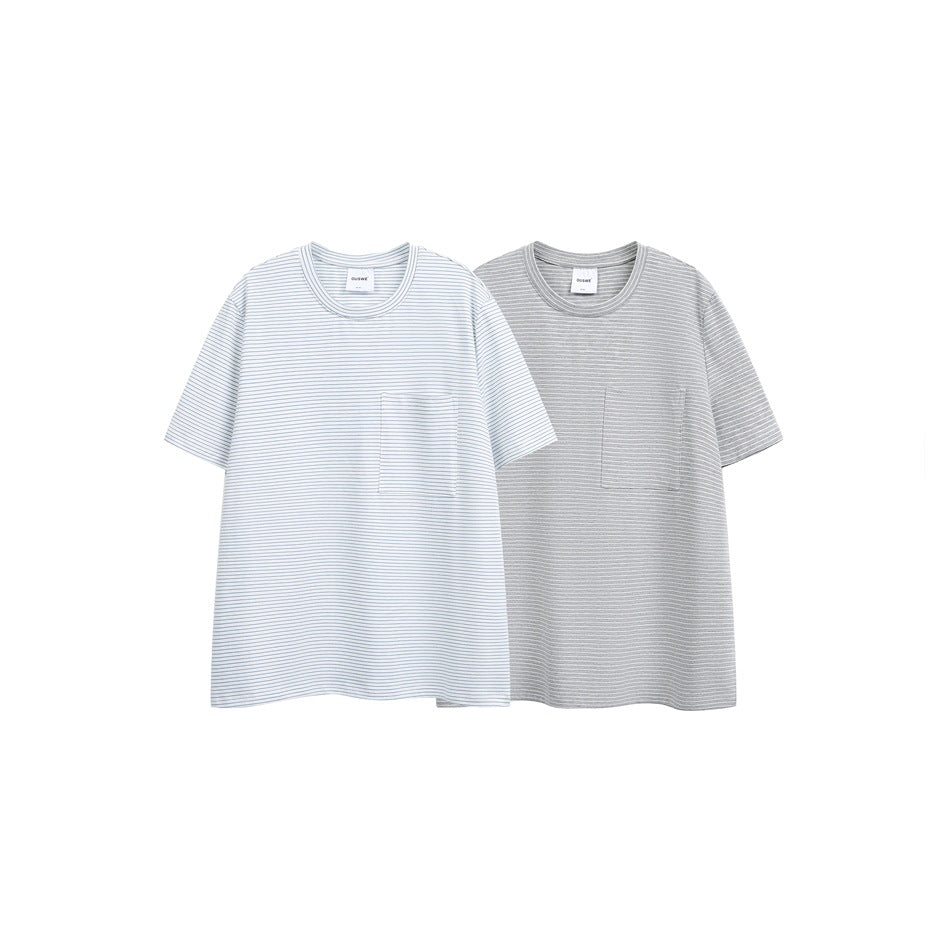Two short-sleeve crew-neck pocket T-shirts shown in white with blue stripes and gray with white stripes.