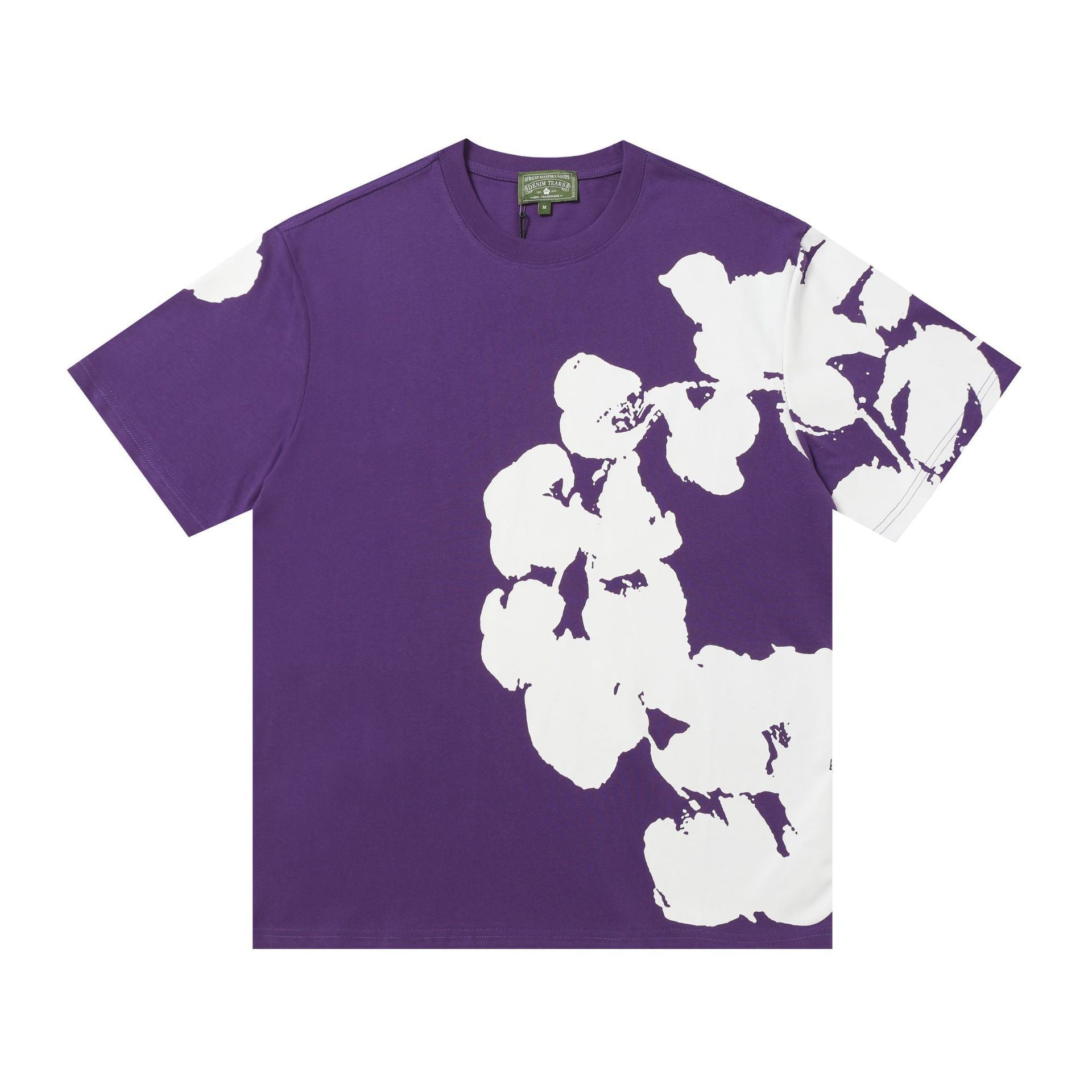 Denim Tears purple crew neck T-shirt with large white cotton plant graphic on front and sleeve