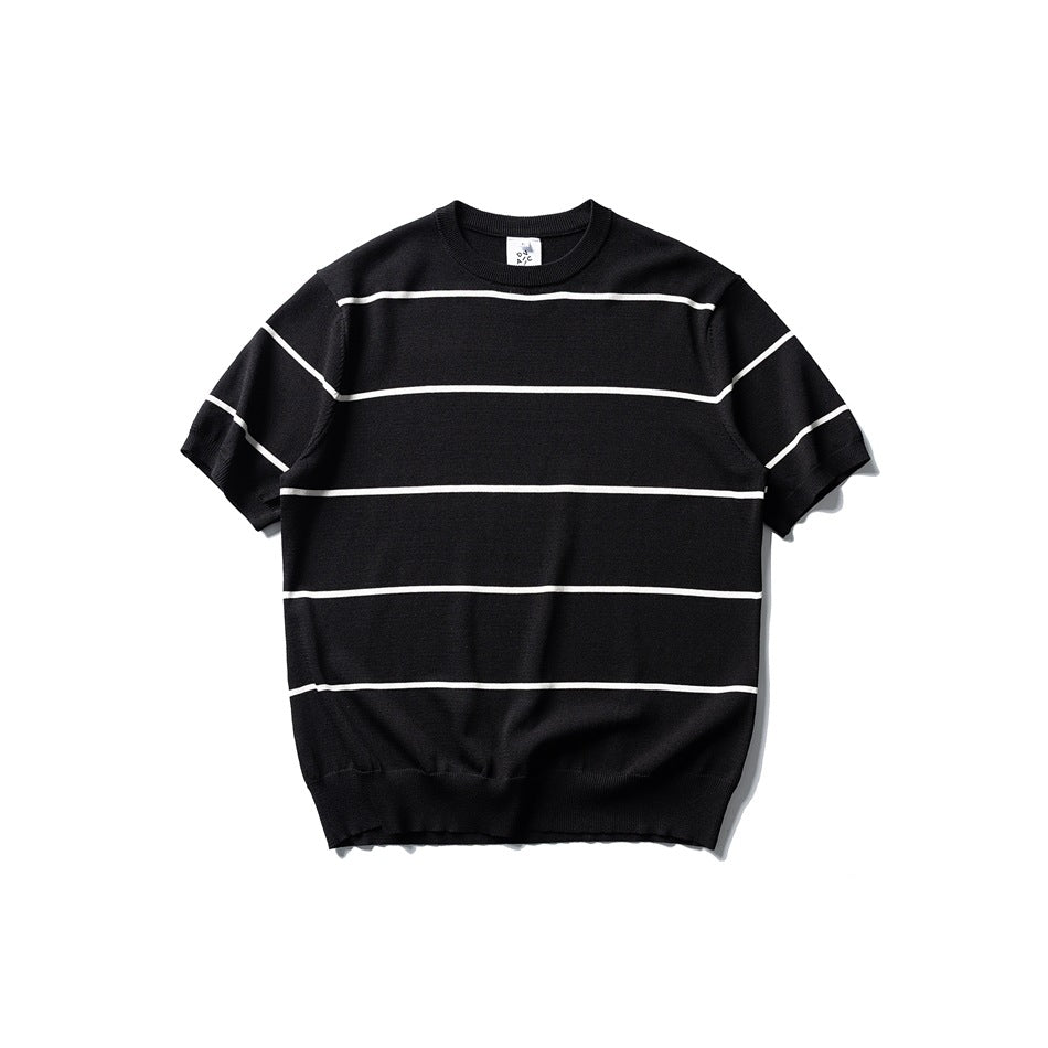 Black short-sleeve crew-neck knit top with wide white horizontal pinstripes, flat lay front view