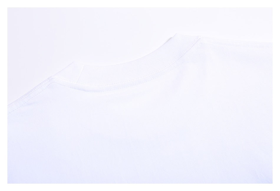Close-up of the plain white T-shirt’s back neckline and shoulder seams.
