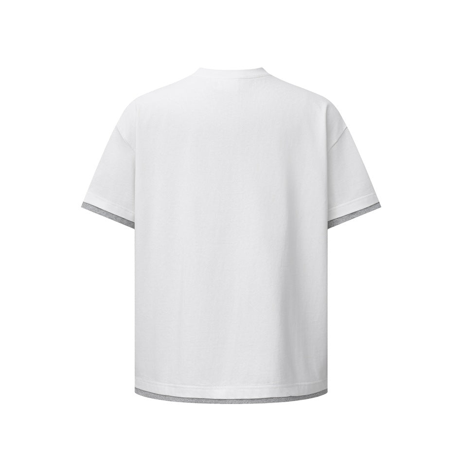 Back view of a white short-sleeve T-shirt with gray contrast trim at the cuffs and hem.