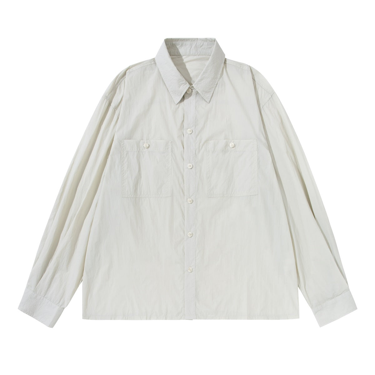 Light khaki gray long-sleeve button-up shirt with two chest pockets, flat lay front view