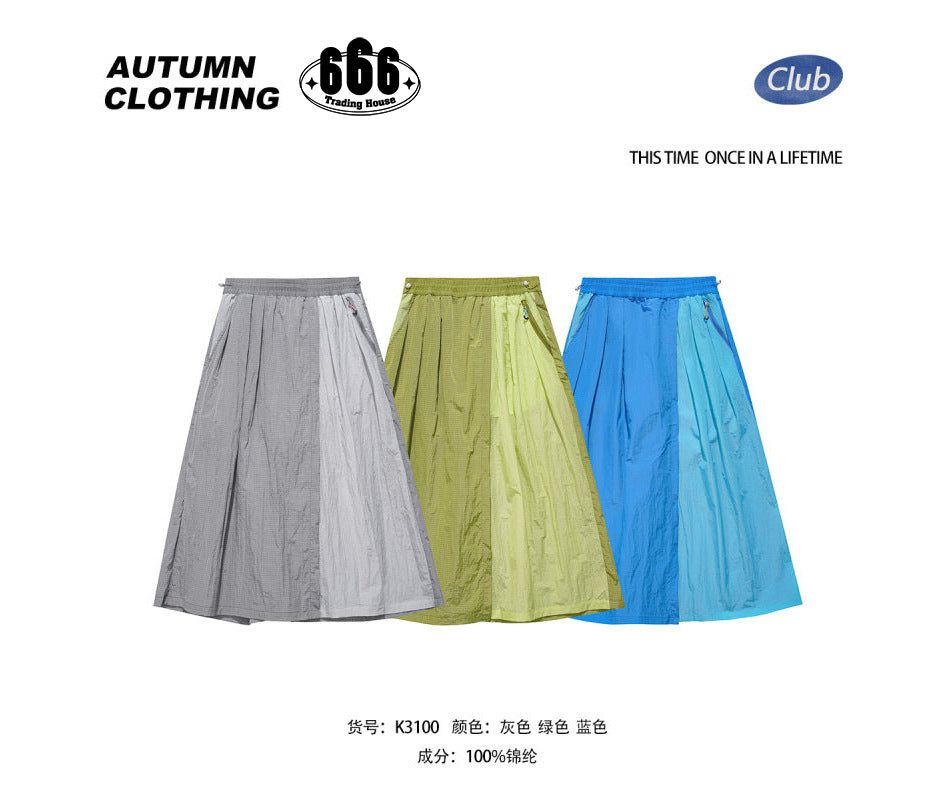 Gray, green and blue color-block midi skirts shown side by side with supplier text