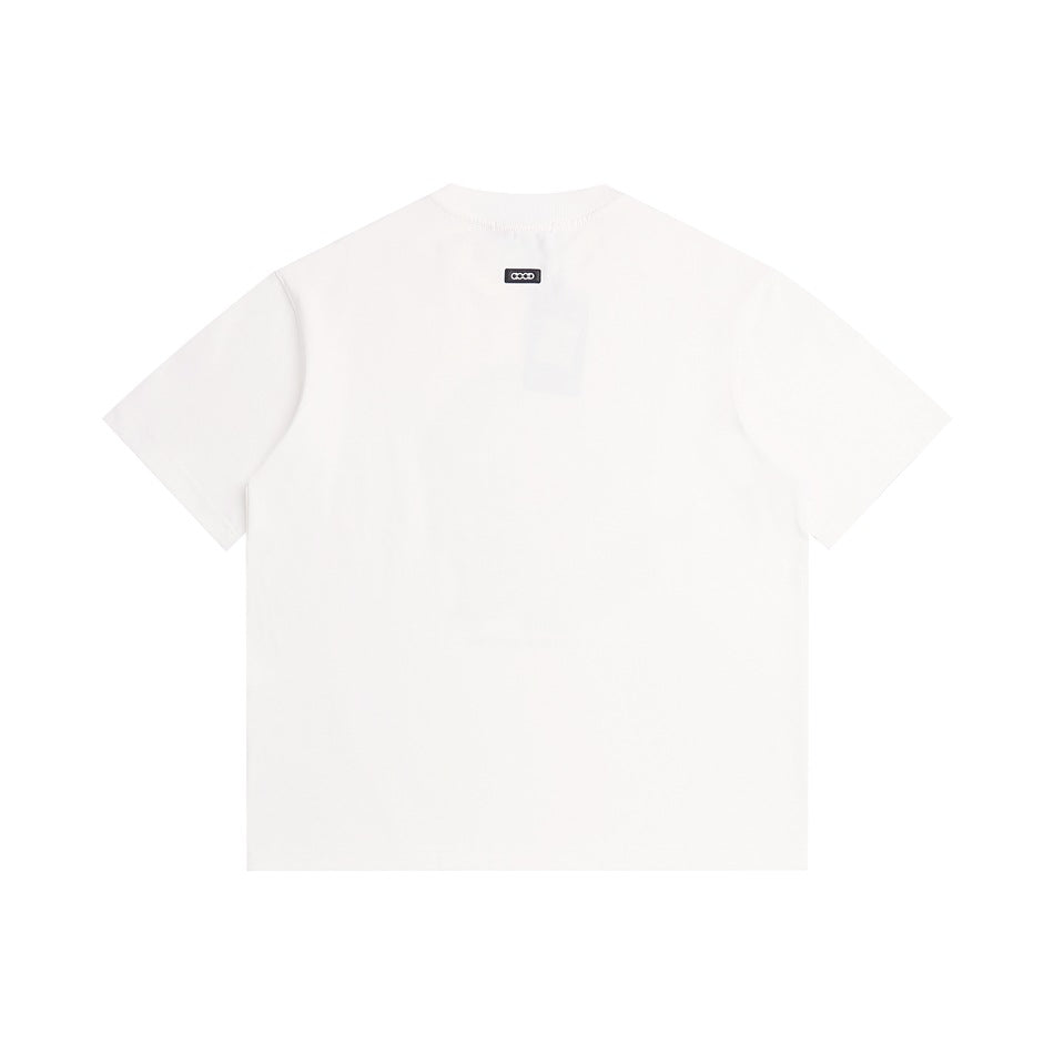Back view of a plain white short-sleeve crew-neck T-shirt with a small label below the collar.