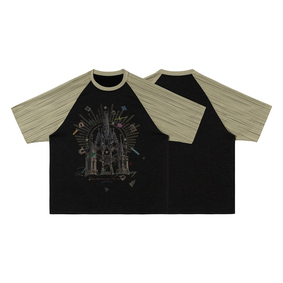 Black raglan T-shirt with beige striped sleeves, shown from the front and back; the front has a castle graphic.