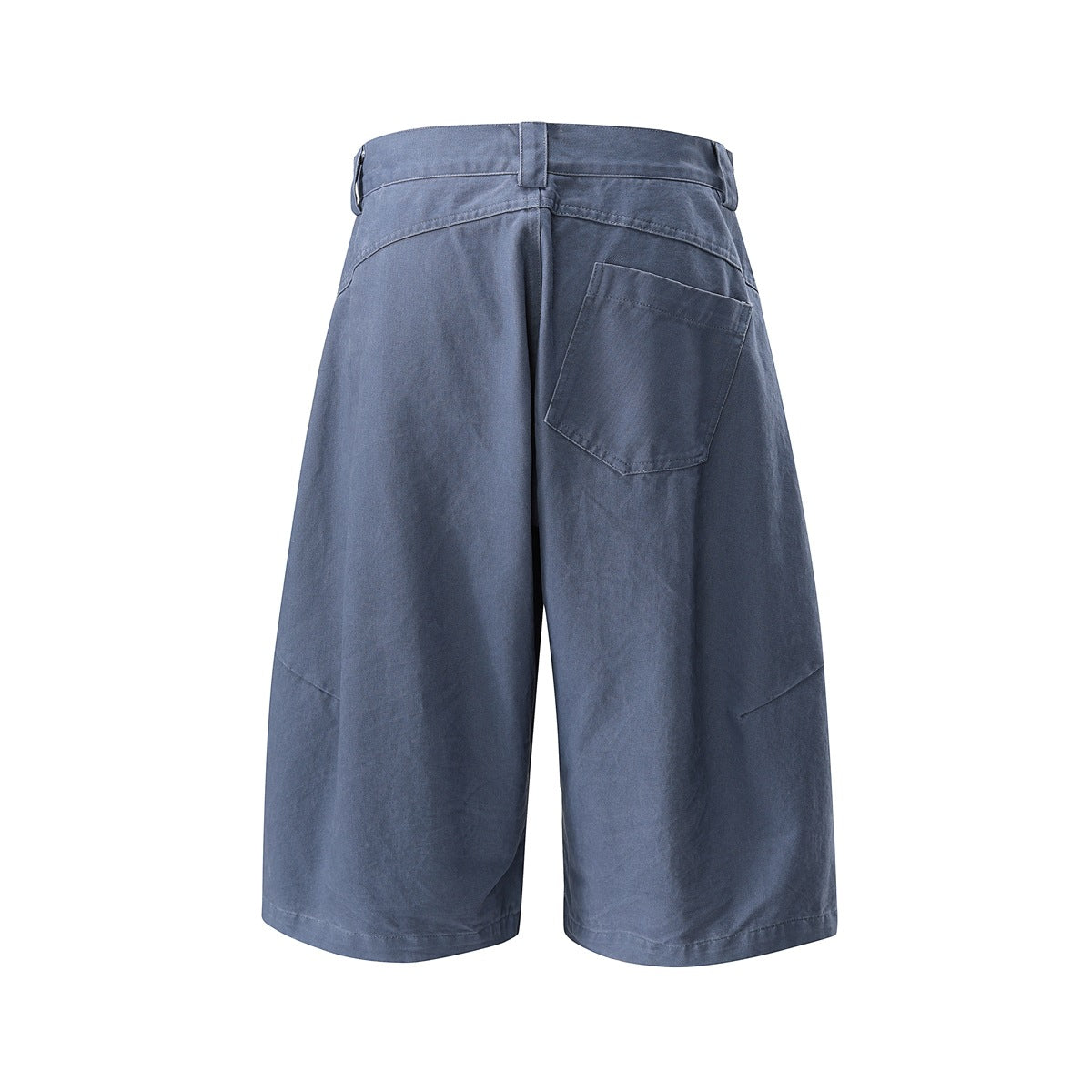 Back view of workwear blue wide-leg shorts with a patch pocket and yoke seam