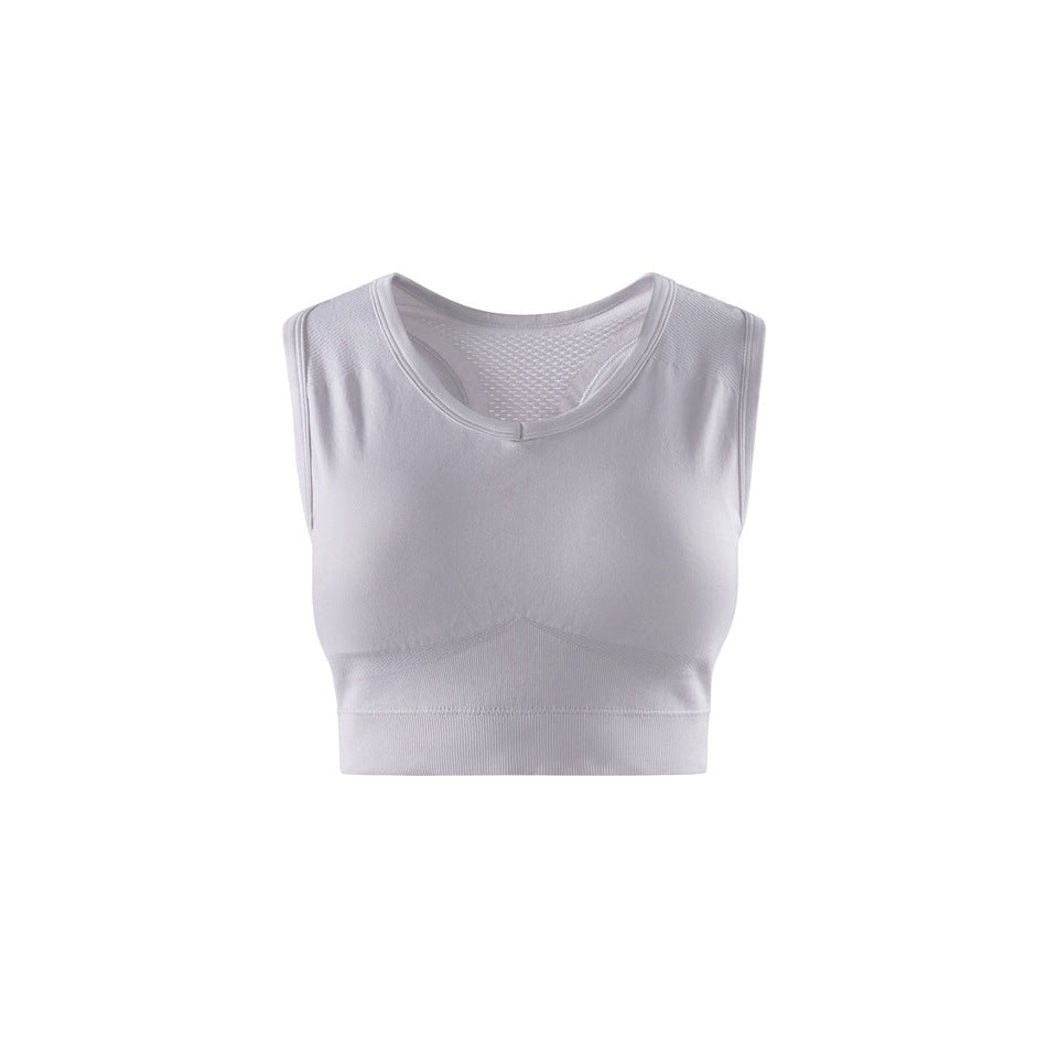 Light purple-gray sleeveless cropped top, front view, with a rounded neckline and a ribbed hem band