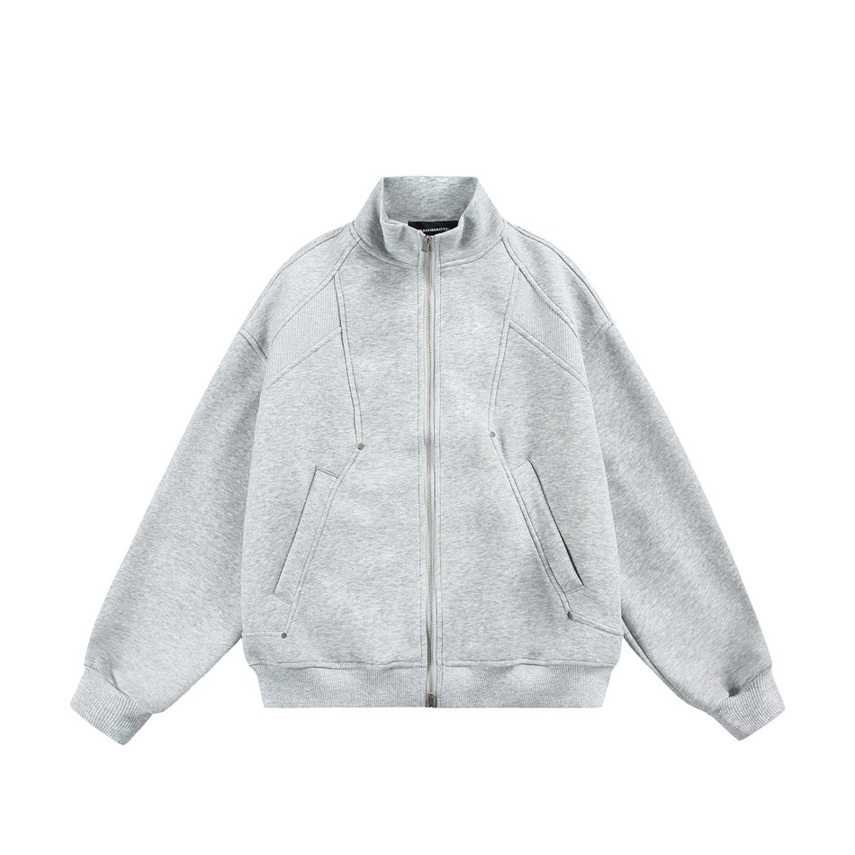 Heather gray zip-front stand-collar jacket flat lay with ribbed hem, cuffs and studded slanted pockets