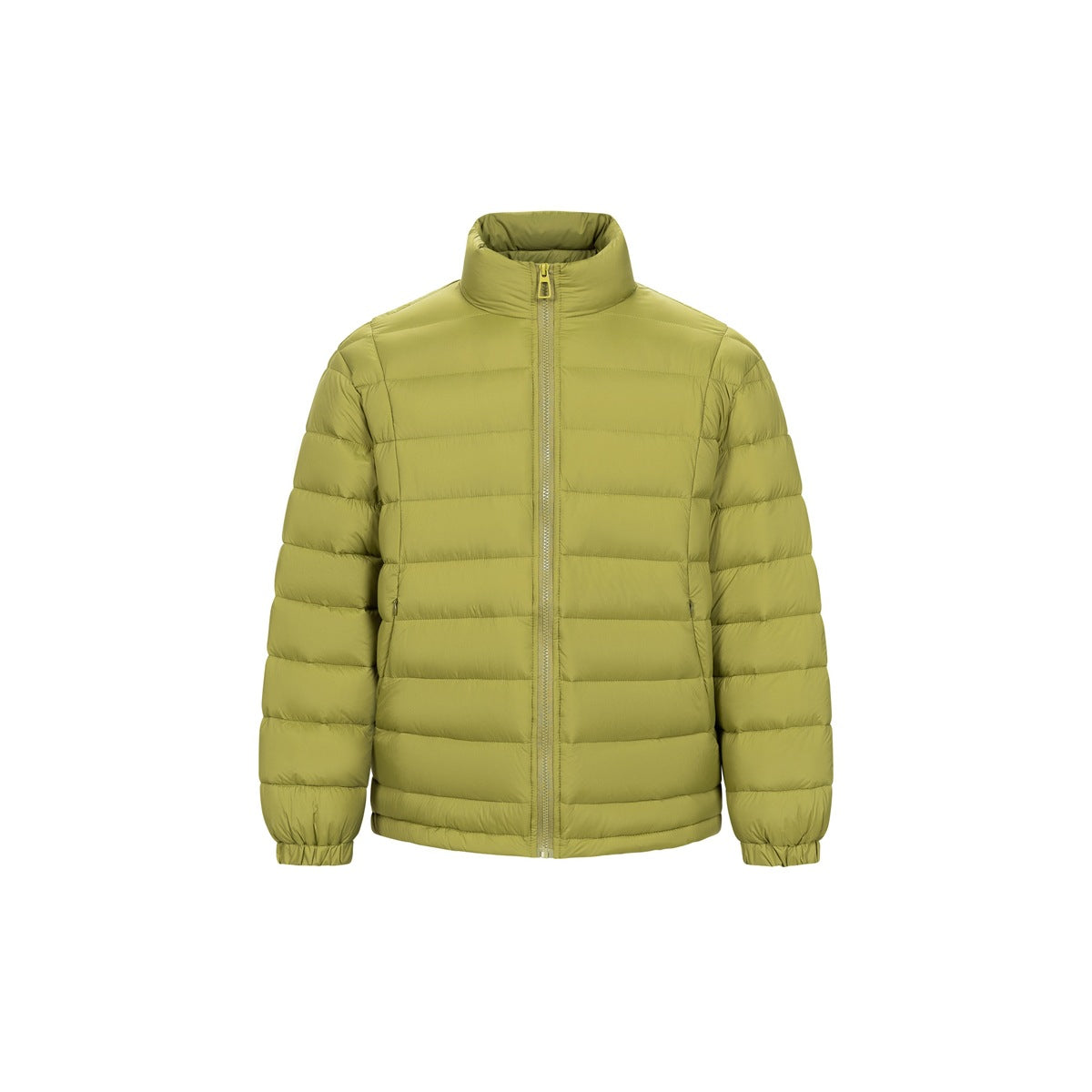 Avocado green stand-collar quilted puffer jacket with front zipper and elastic cuffs, flat front view