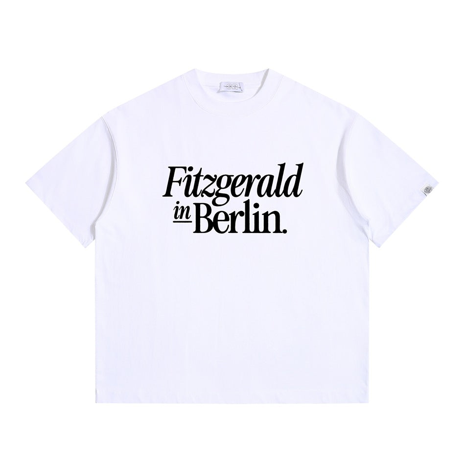 White short-sleeve crew-neck T-shirt with black Fitzgerald in Berlin. print, flat front view