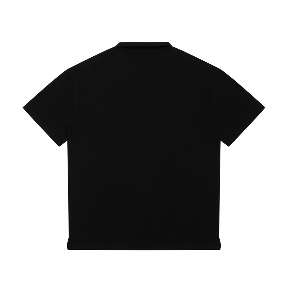 Back view of black short-sleeve polo shirt, flat lay with side hem slits