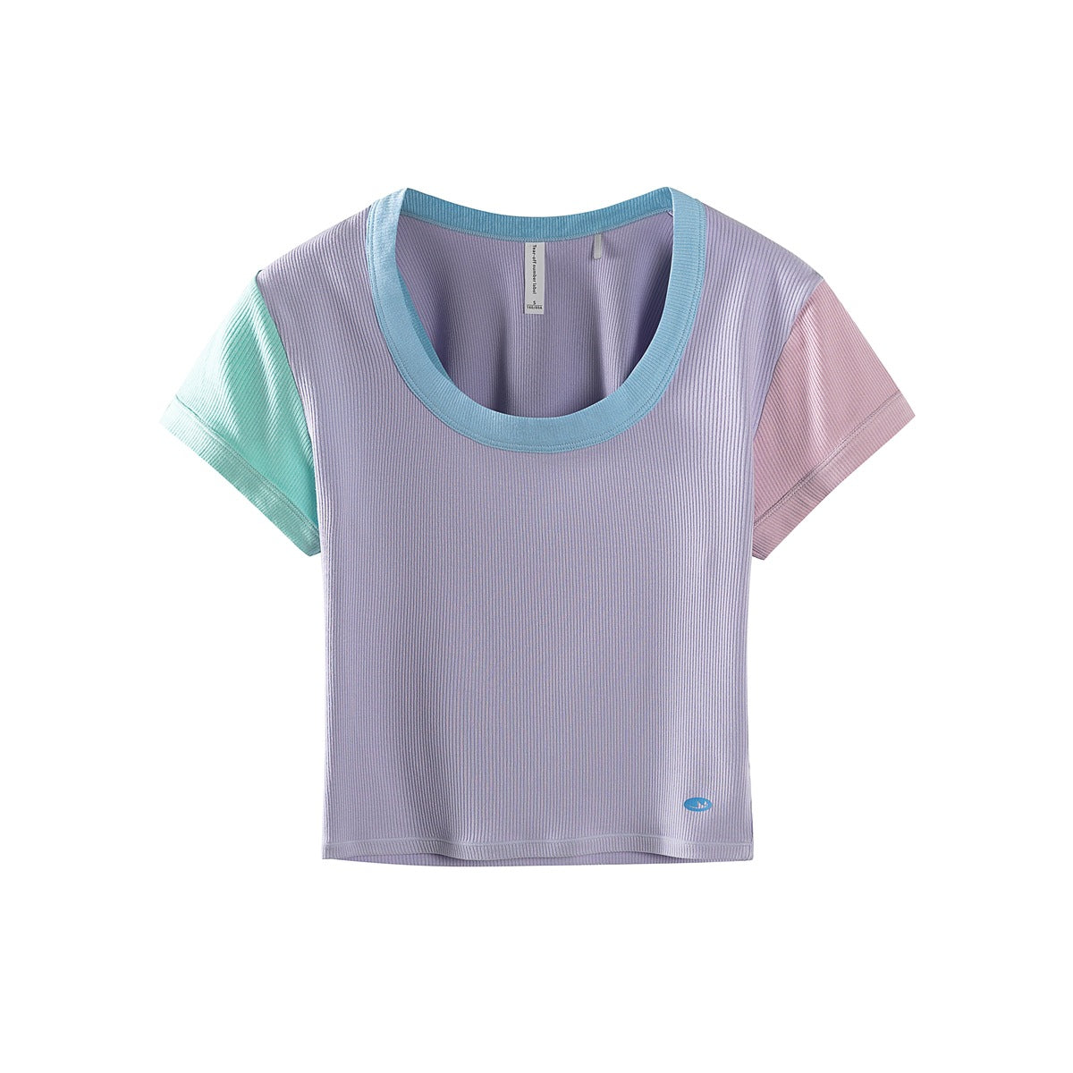 Light purple ribbed cropped tee with blue neckline trim, mint green left sleeve and pink right sleeve, flat lay front