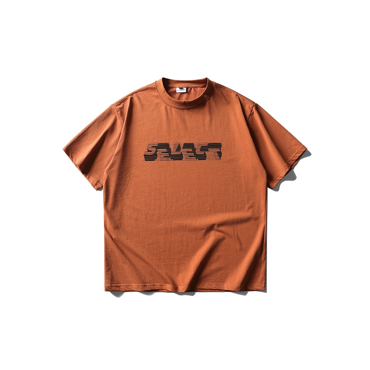 Burnt orange short-sleeve T-shirt with black striped graphic print on chest, flat lay front view