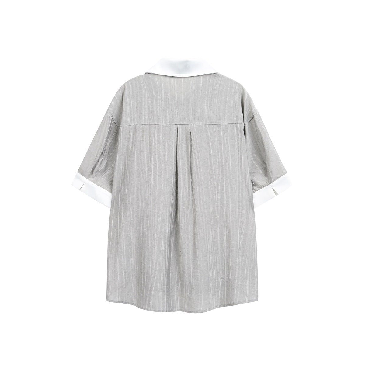 Back view of gray short-sleeve shirt with white collar and cuffs, back yoke and center box pleat
