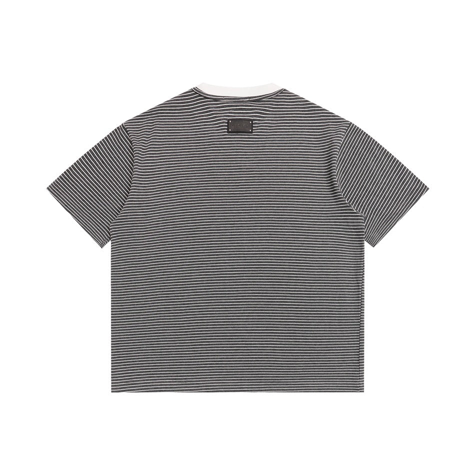 Back view of a charcoal-and-white striped short-sleeve T-shirt with a white collar and small dark patch.