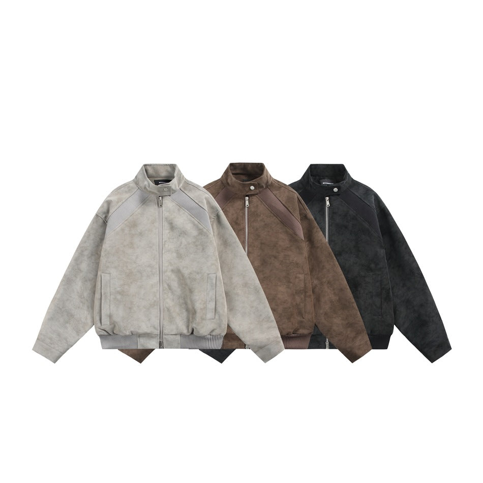 Three front views of a stand-collar zip jacket in light gray, brown, and charcoal black.