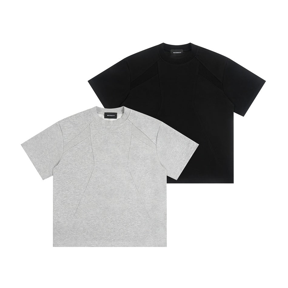 Black and light gray short-sleeve crew-neck T-shirts displayed together, showing their paneled seams.