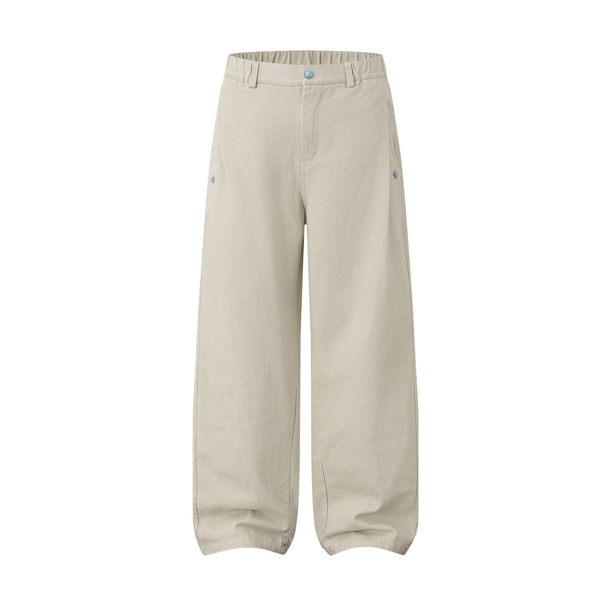 Off-white wide-leg pants flat front view with elastic waistband, zip fly and turquoise-toned button