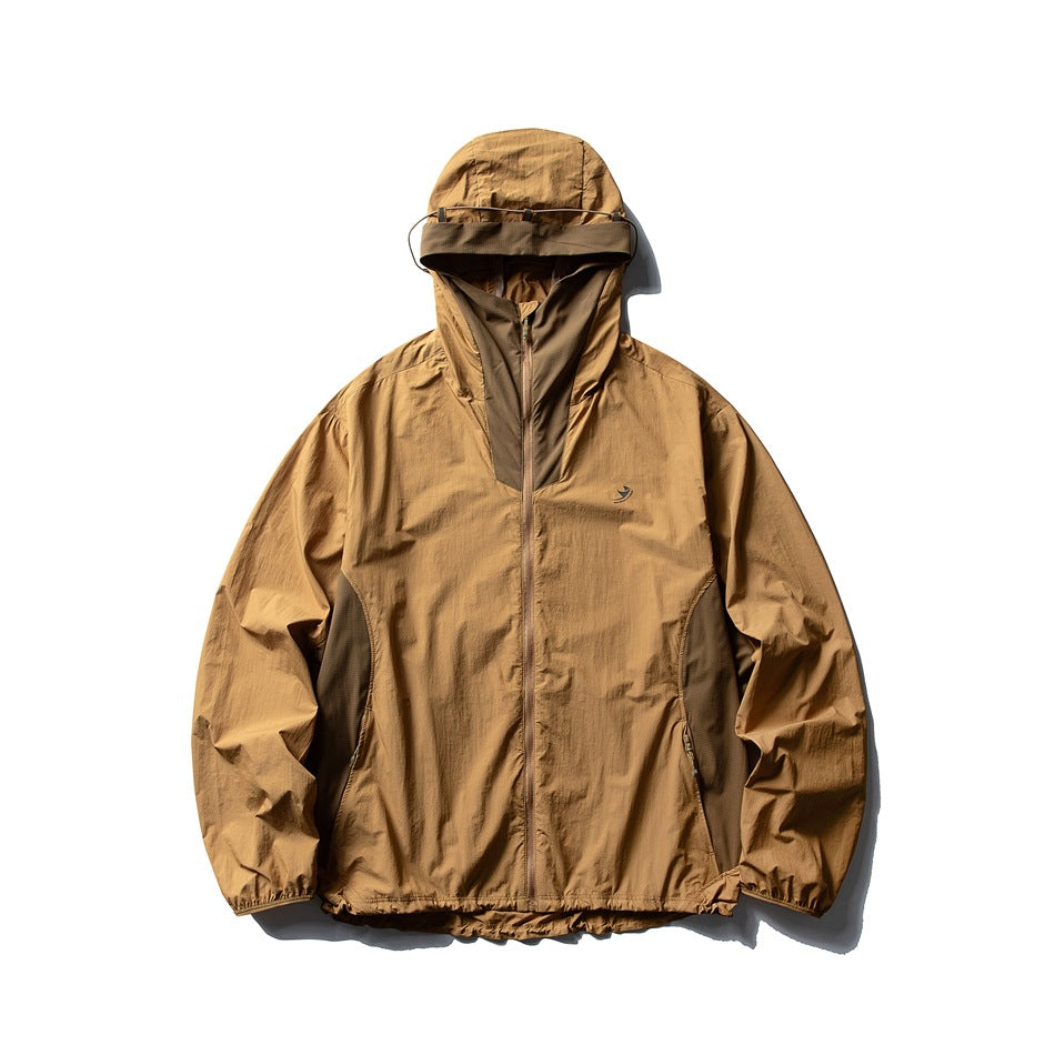 Tan-brown hooded full-zip jacket with darker brown contrast panels, front view on white