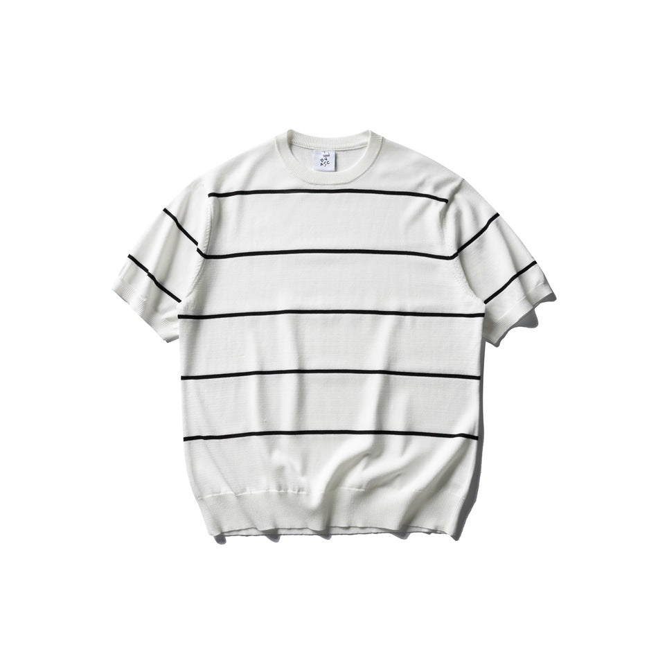 White short-sleeve crew-neck knit top with wide black horizontal pinstripes, flat lay front view