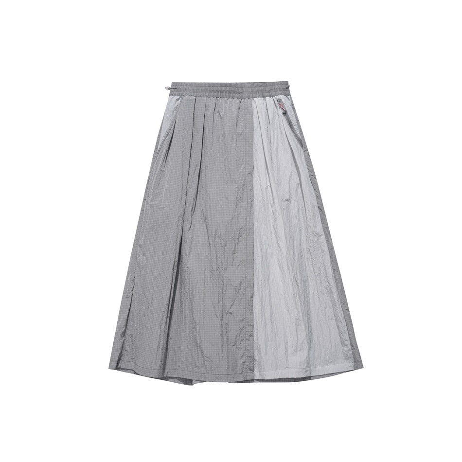 Gray two-tone midi skirt flat lay with elastic waist, pleats and zippered side pocket