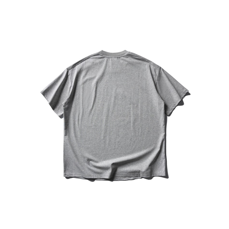 Back view of a plain gray short-sleeve crew-neck T-shirt with shoulder seams.