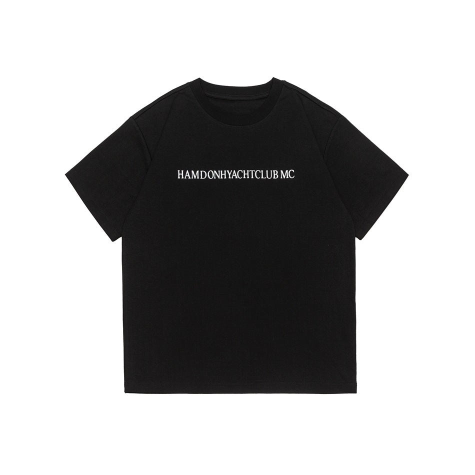 Black short-sleeve crew-neck t-shirt front with small white chest lettering
