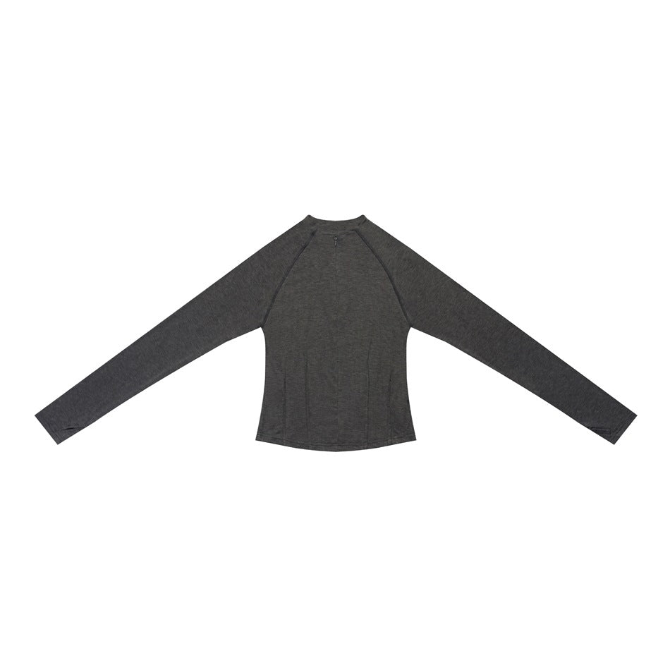 Dark heather gray long-sleeve half-zip top laid flat with raglan sleeves and thumbholes