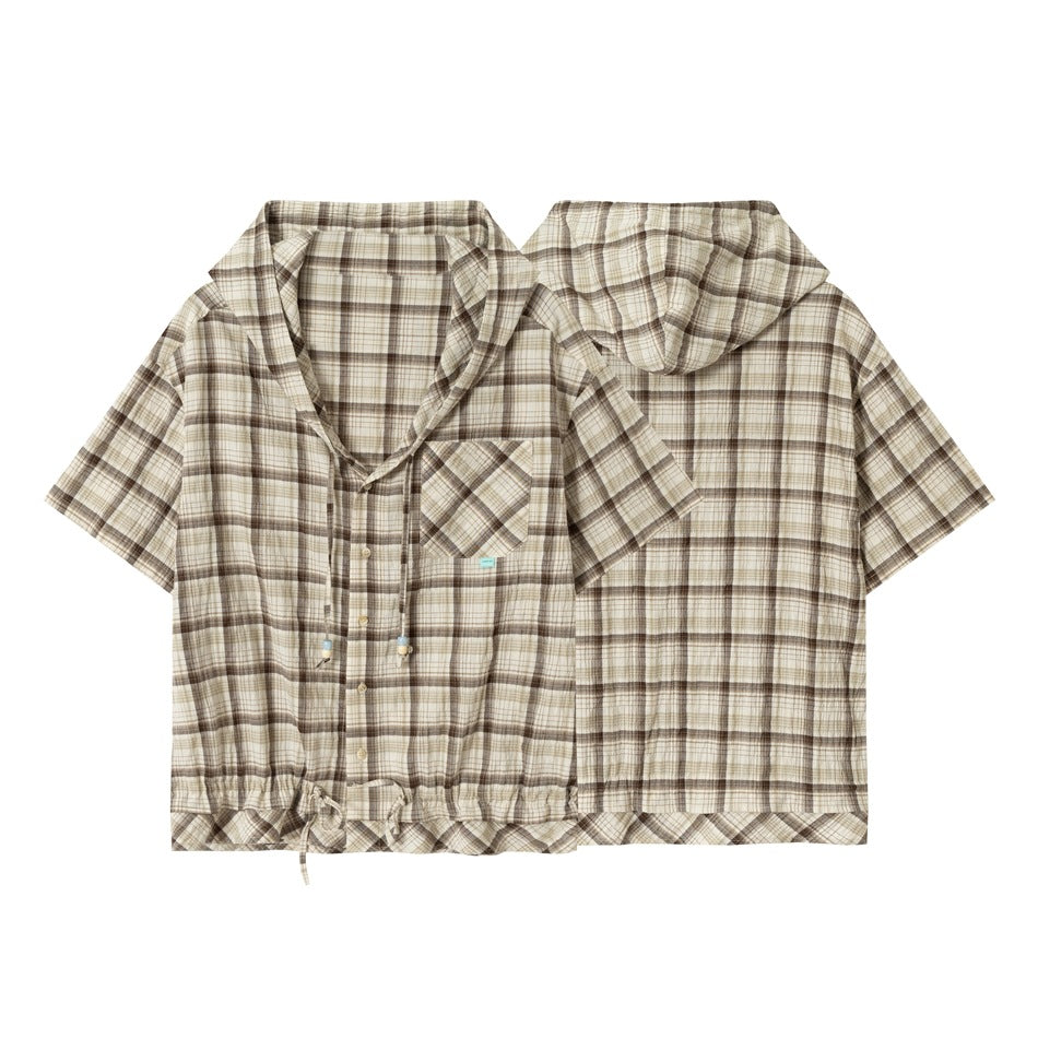 Beige and brown plaid short-sleeve hooded button-up shirt shown from the front and back, with a chest pocket and drawstring