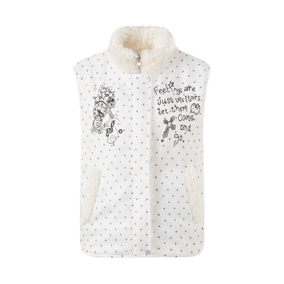Front view of a white sleeveless vest with gray dots, a fluffy ivory collar and pocket trim, snaps, and printed graphics.