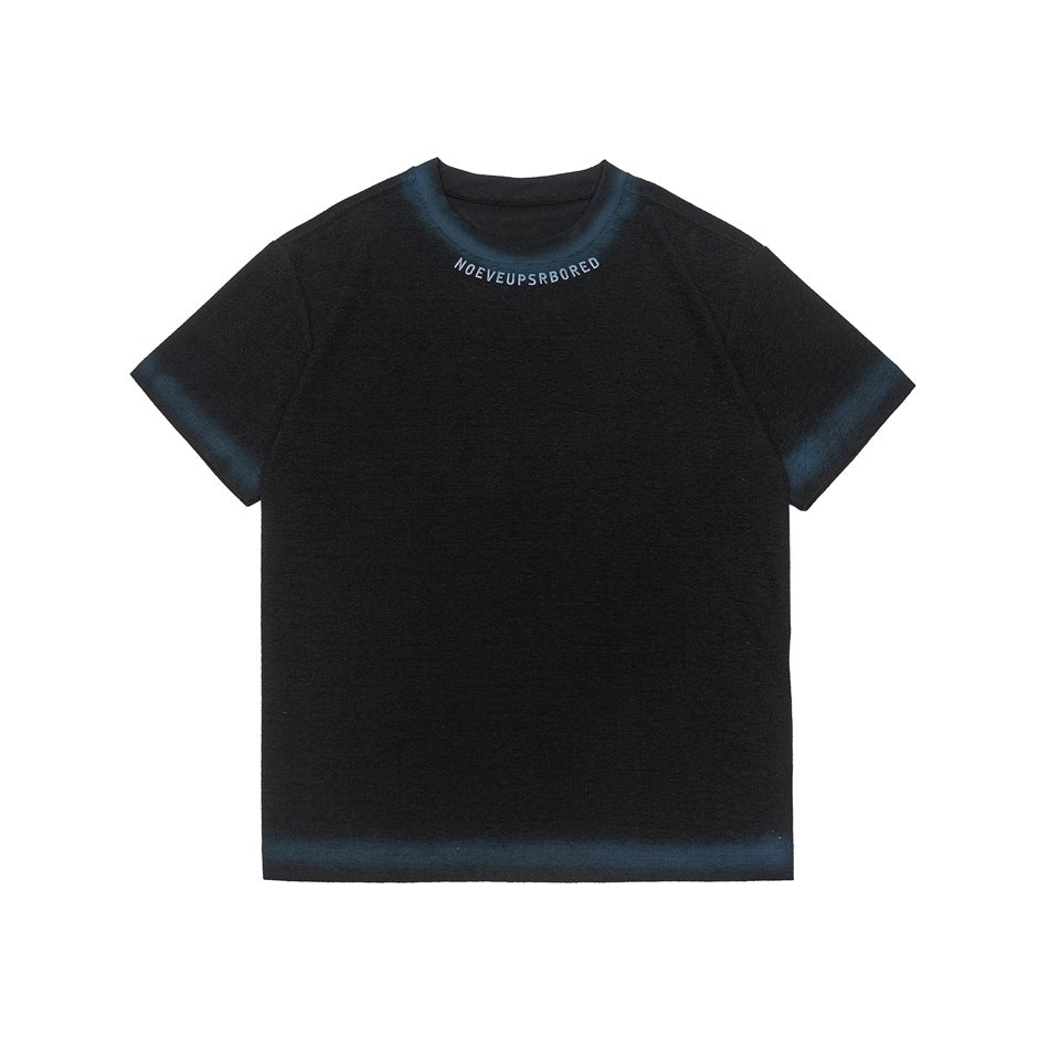 Black short-sleeve crewneck T-shirt, front flat lay, with blue sprayed shading at the collar, sleeves and hem