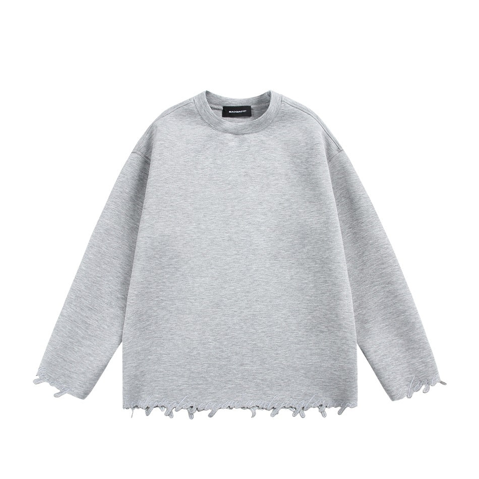 Heather gray crew-neck sweatshirt, front flat lay, with frayed embroidered loop trim at hem and cuffs