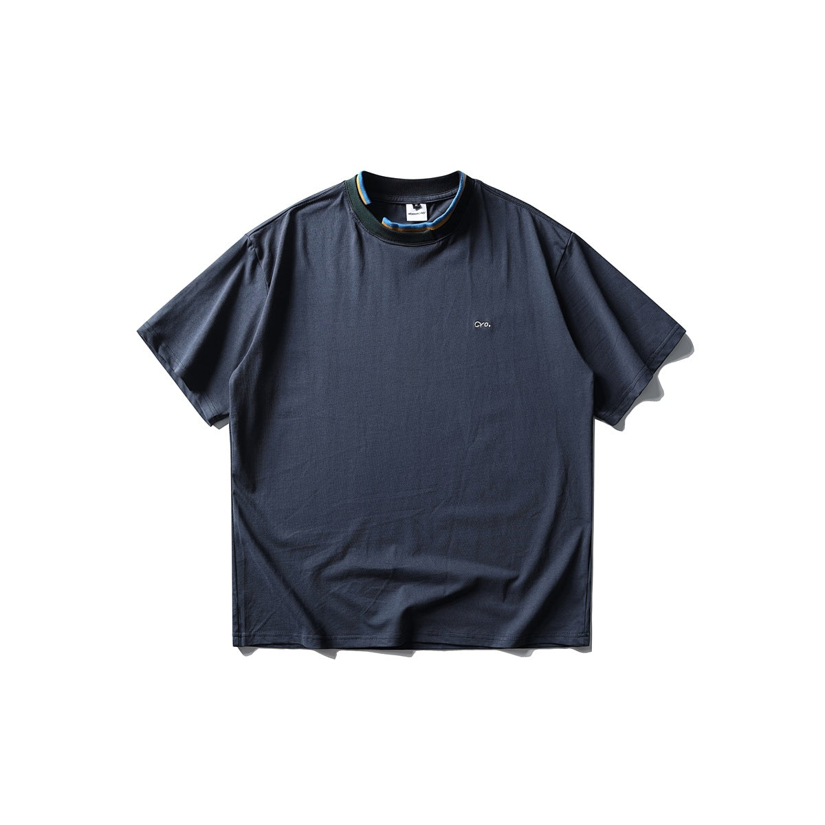 Navy short-sleeve crew-neck T-shirt front with striped ribbed collar and small chest embroidery, flat lay