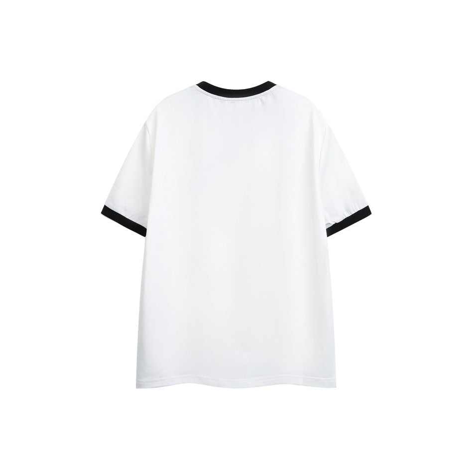 Back view of a white short-sleeve T-shirt with black trim at the collar and sleeve cuffs.