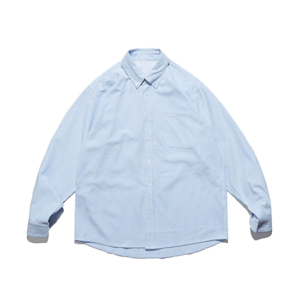 Light blue striped long-sleeve button-down shirt, front view flat lay with chest pocket