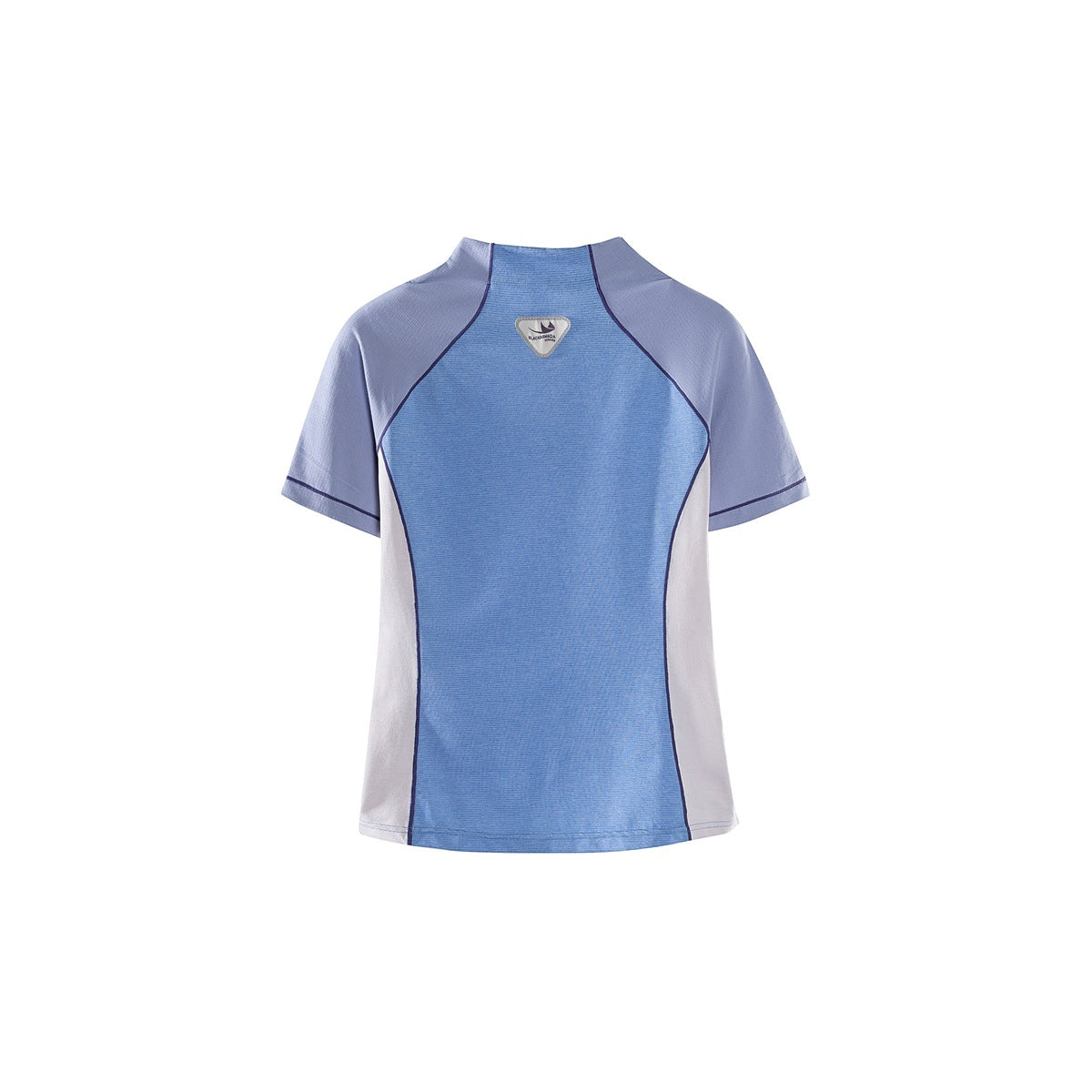 Back view of a blue-panel top with pale lavender sleeves, side panels and dark piping.