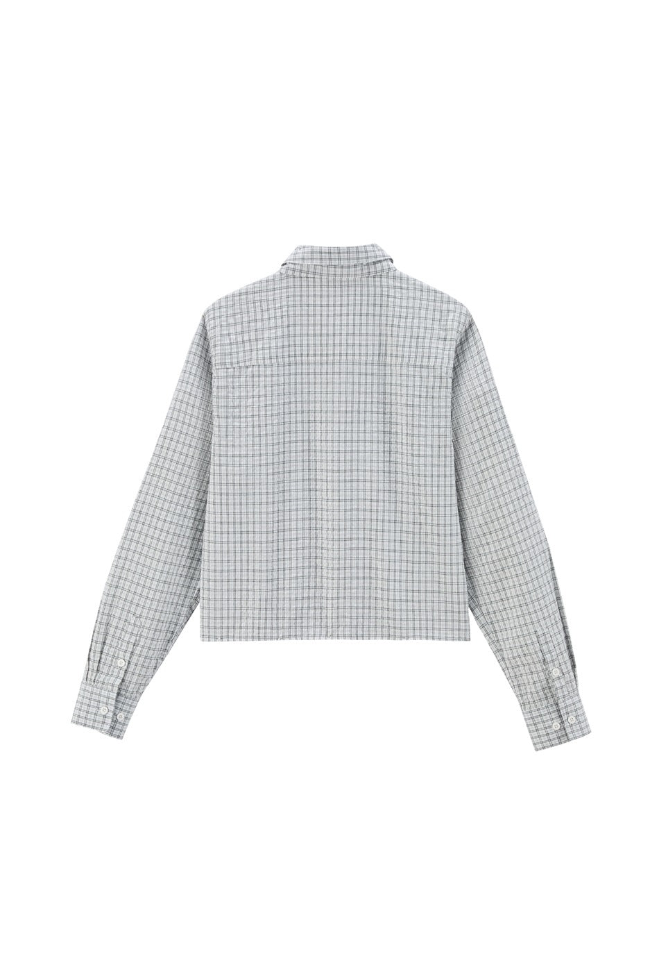 Back view of gray and white check cropped shirt with back yoke seam and buttoned cuffs, flat lay
